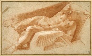 Recumbent youth posed nude, except for his hose pulled down to his ankles