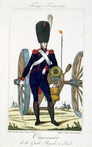 Artilleryman of the Royal Guard with a cannon, from Troupes Francaises, pub. chez Basset, Paris, c.1790 by French School
