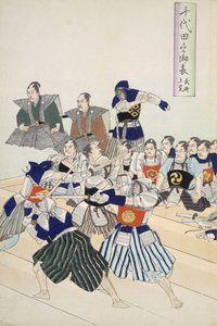 Warlord Watches Samurai Practising Their Swordplay (detail), from a 19th Century Album of Woodcuts