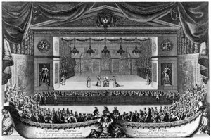 Third Day: Le Malade imaginaire, comedy represented in the Garden of Versailles in front of the Grotto in 1676, engraving by Pierre Lepautre