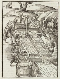 Washing gold ore in wooden trays filled with water - Engraving from Description of ores and main mining methods, by Lazarus Ecker
