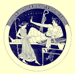 Dancing Girl and Feasting Youth, illustration from Greek Vase Paintings by J. E. Harrison and D. S. MacColl, published 1894